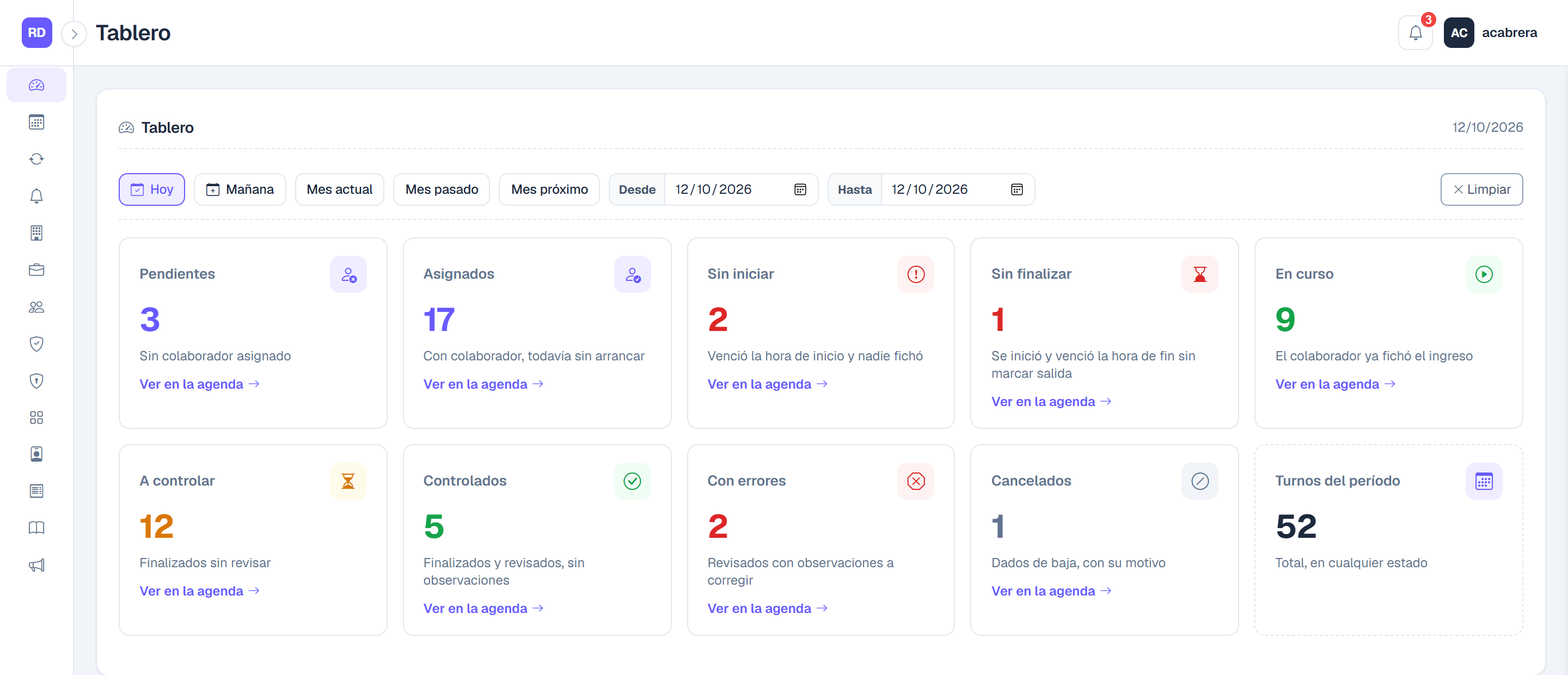 Tablero del día en Registro