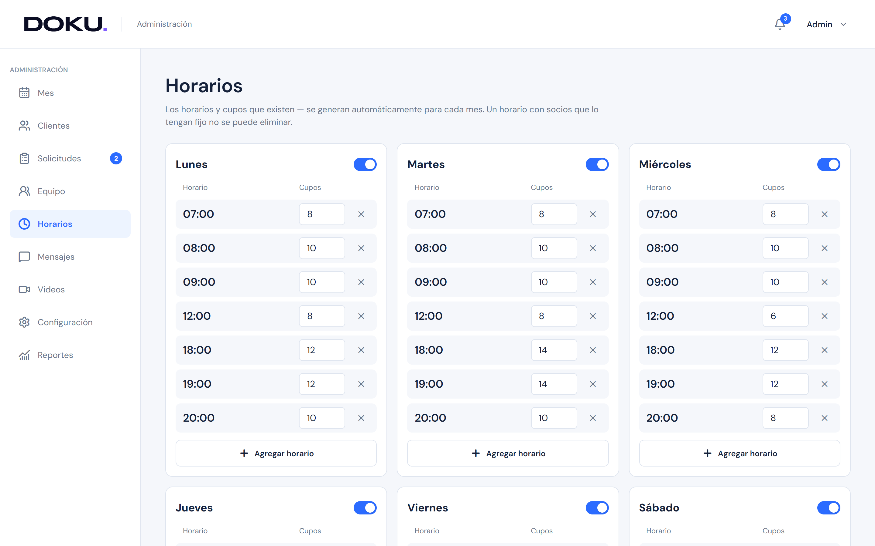 Horarios y cupos en Reserva