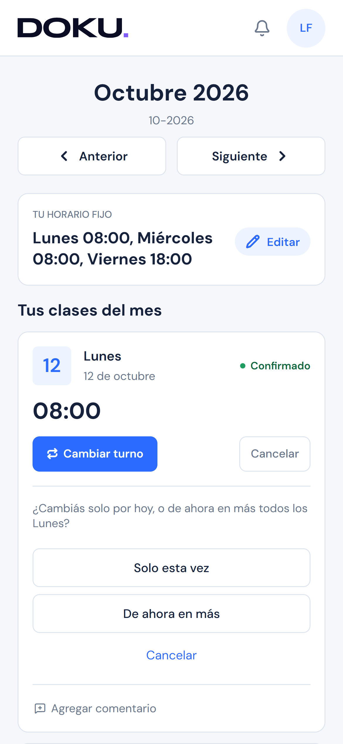 Cambio de turno en la app de Reserva