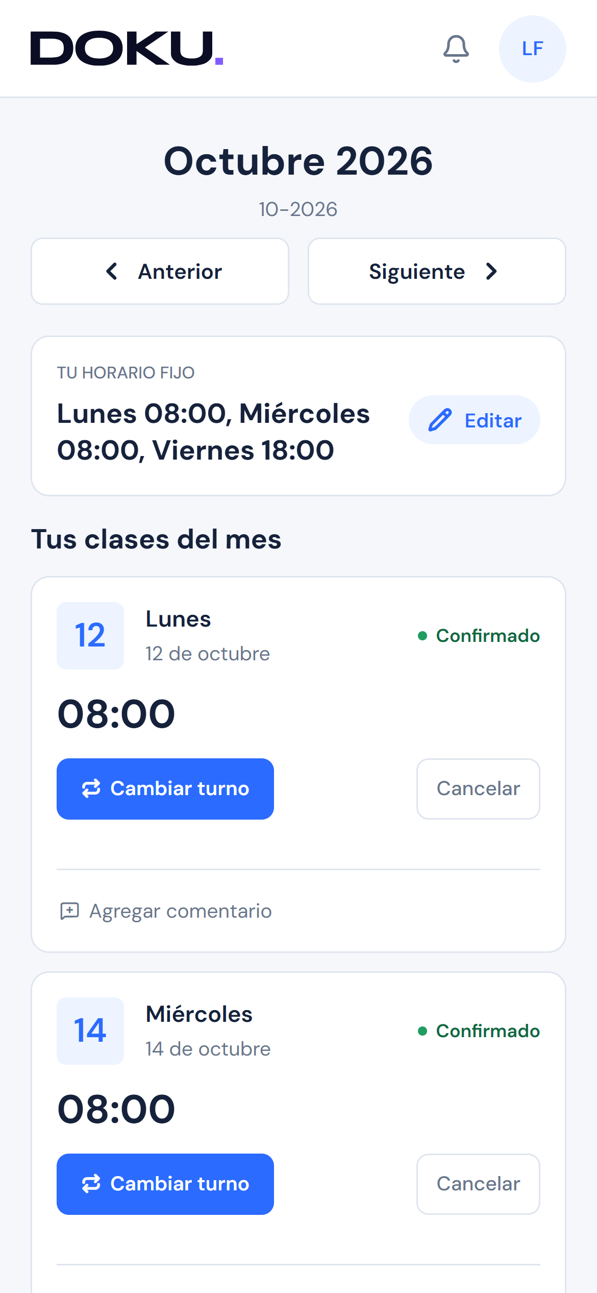 Turnos del mes en la app de Reserva