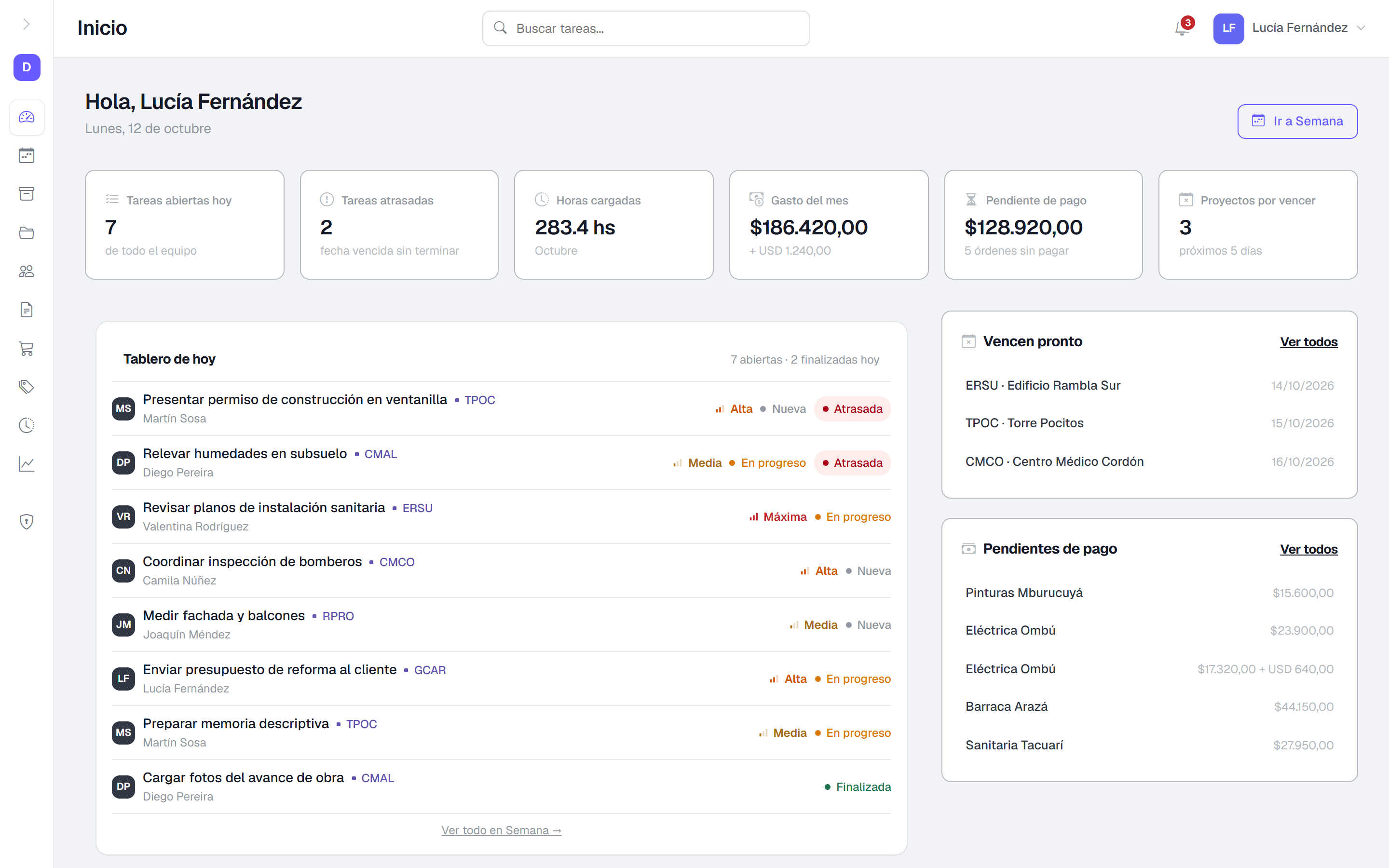 Tablero de inicio de Tarea